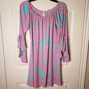2B Together pink turquoise bell sleeve dress XL
